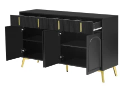 Aparador bajo con 4 puertas y 4 cajones - 140 x 37,8 x 82 cm - Tiradores y pies dorados - MDF - Negro
