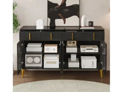 Aparador bajo con 4 puertas y 4 cajones - 140 x 37,8 x 82 cm - Tiradores y pies dorados - MDF - Negro