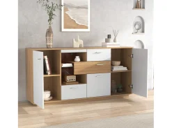 Aparador bajo con LED - 2 puertas y 4 cajones - estilo contemporáneo - Blanco y Natural