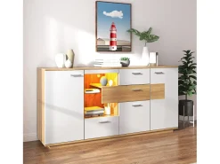 Aparador bajo con LED - 2 puertas y 4 cajones - estilo contemporáneo - Blanco y Natural