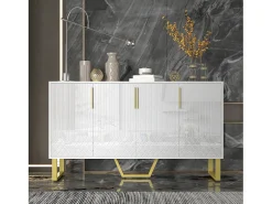 Aparador bajo de alto brillo - 140 x 40 x 80 cm - con 4 puertas - tiradores y patas de metal - MDF - blanco