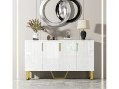 Aparador bajo de alto brillo - 140 x 40 x 80 cm - con 4 puertas - tiradores y patas de metal - MDF - blanco
