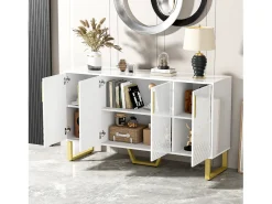 Aparador bajo de alto brillo - 140 x 40 x 80 cm - con 4 puertas - tiradores y patas de metal - MDF - blanco