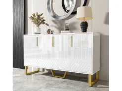 Aparador bajo de alto brillo - 140 x 40 x 80 cm - con 4 puertas - tiradores y patas de metal - MDF - blanco