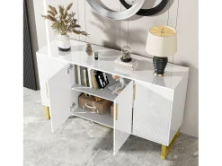 Aparador bajo de alto brillo - 140 x 40 x 80 cm - con 4 puertas - tiradores y patas de metal - MDF - blanco