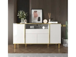Aparador bajo de alto brillo - 150 x 40 x 80 cm - con 1 cajón + 4 puertas - Tablero de partículas + MDF - blanco
