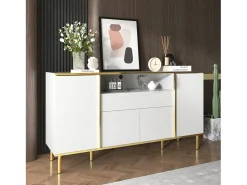 Aparador bajo de alto brillo - 150 x 40 x 80 cm - con 1 cajón + 4 puertas - Tablero de partículas + MDF - blanco