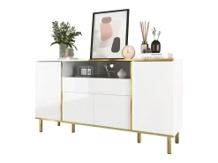 Aparador bajo de alto brillo - 150 x 40 x 80 cm - con 1 cajón + 4 puertas - Tablero de partículas + MDF - blanco
