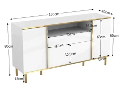 Aparador bajo de alto brillo - 150 x 40 x 80 cm - con 1 cajón + 4 puertas - Tablero de partículas + MDF - blanco