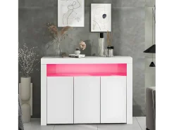 Aparador bajo Moserne - Mueble auxiliar blanco brillo con iluminación LED y mando a distancia - Blanco