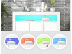 Aparador bajo Moserne - Mueble auxiliar blanco brillo con iluminación LED y mando a distancia - Blanco
