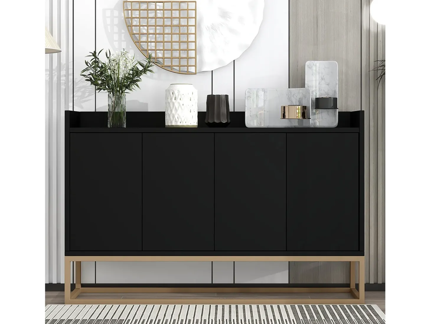 Aparador bajo, mueble de cocina con 4 puertas y estantes ajustables, para comedor, sala de estar, color negro