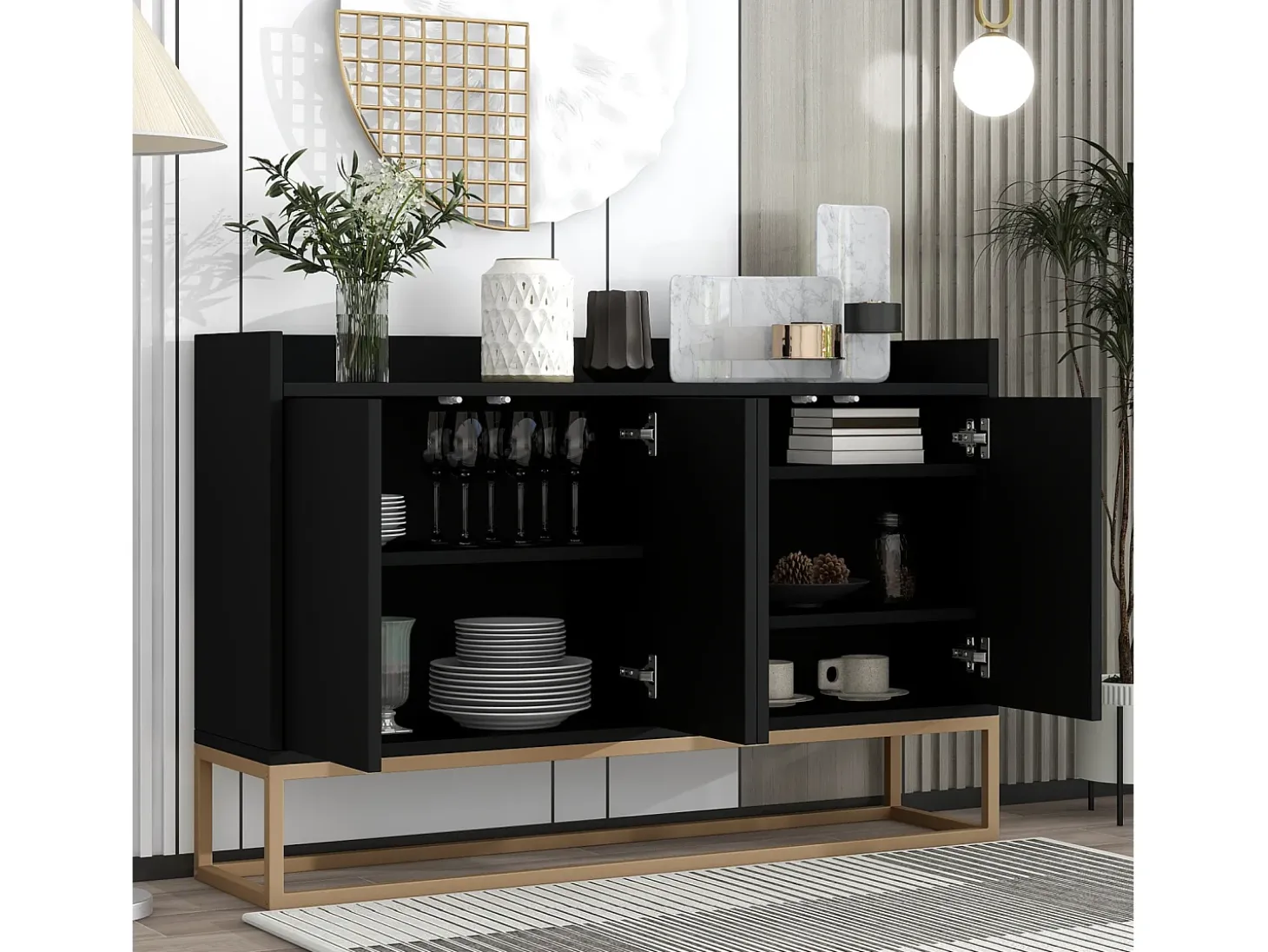 Aparador bajo, mueble de cocina con 4 puertas y estantes ajustables, para comedor, sala de estar, color negro