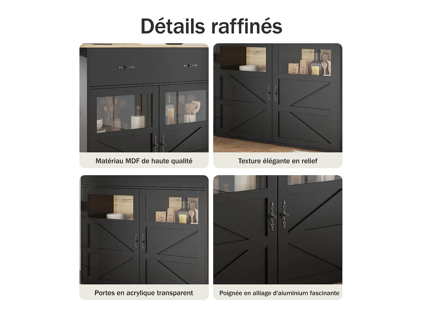 Aparador bar - mueble de almacenaje extensible con cajones y rotación de 360°, Negro, 138-204x39x104 cm