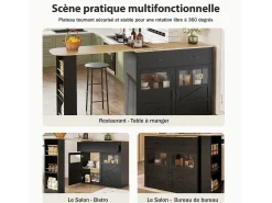 Aparador bar - mueble de almacenaje extensible con cajones y rotación de 360°, Negro, 138-204x39x104 cm