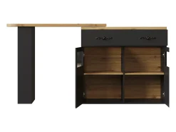 Aparador bar - mueble de almacenaje extensible con cajones y rotación de 360°, Negro, 138-204x39x104 cm