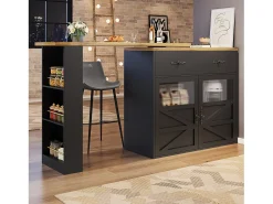 Aparador bar - mueble de almacenaje extensible con cajones y rotación de 360°, Negro, 138-204x39x104 cm