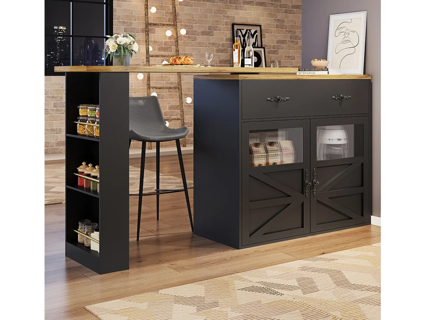 Aparador bar - mueble de almacenaje extensible con cajones y rotación de 360°, Negro, 138-204x39x104 cm
