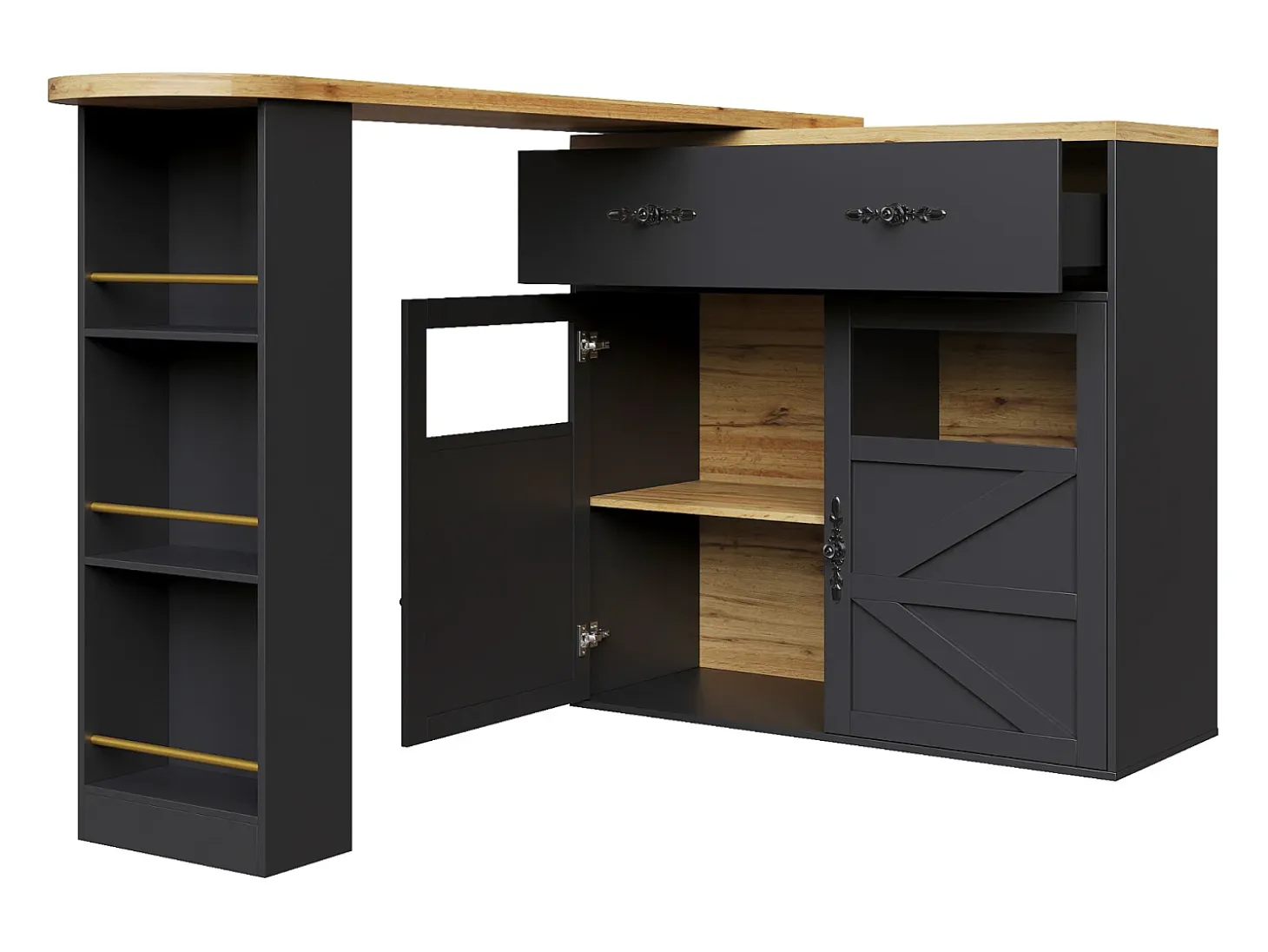 Aparador bar - mueble de almacenaje extensible con cajones y rotación de 360°, Negro, 138-204x39x104 cm