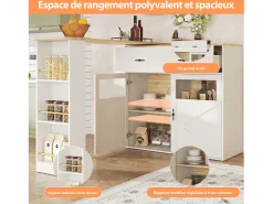 Aparador bar - mueble de almacenaje extensible con cajones y rotación de 360°, blanco, 138-204x39x104 cm