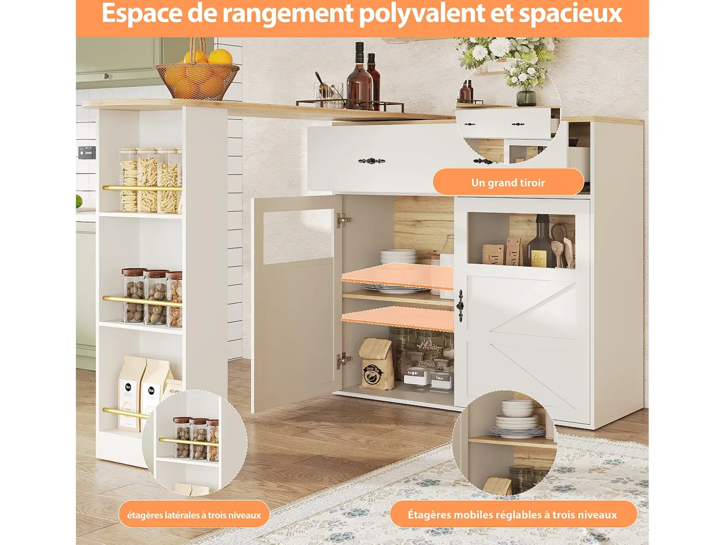 Aparador bar - mueble de almacenaje extensible con cajones y rotación de 360°, blanco, 138-204x39x104 cm