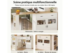 Aparador bar - mueble de almacenaje extensible con cajones y rotación de 360°, blanco, 138-204x39x104 cm