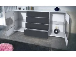 Aparador Bari V2 – Mueble con 2 Puertas Grandes y 4 Cajones, blanco mate/burdeos de alto brillo (166,5 x 75,5 x 35)
