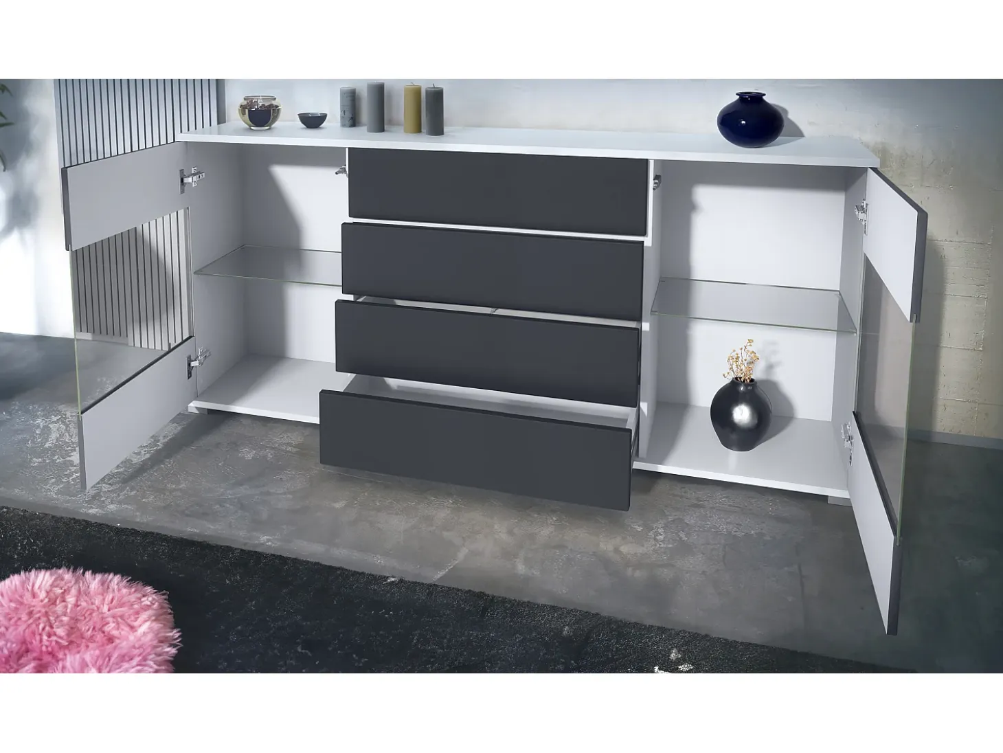Aparador Bari V2 – Mueble con 2 Puertas Grandes y 4 Cajones, blanco mate/burdeos de alto brillo (166,5 x 75,5 x 35)