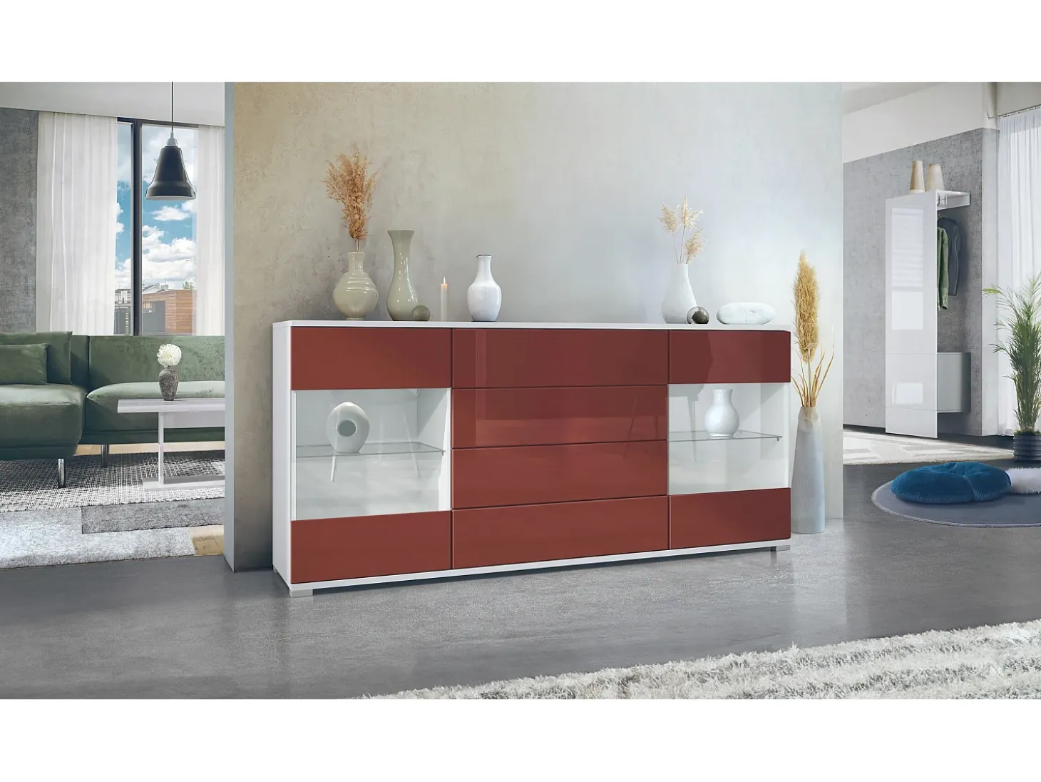 Aparador Bari V2 – Mueble con 2 Puertas Grandes y 4 Cajones, blanco mate/burdeos de alto brillo (166,5 x 75,5 x 35)