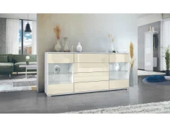 Aparador Bari V2 – Mueble con 2 Puertas Grandes y 4 Cajones, blanco mate/crema de alto brillo (166,5 x 75,5 x 35)
