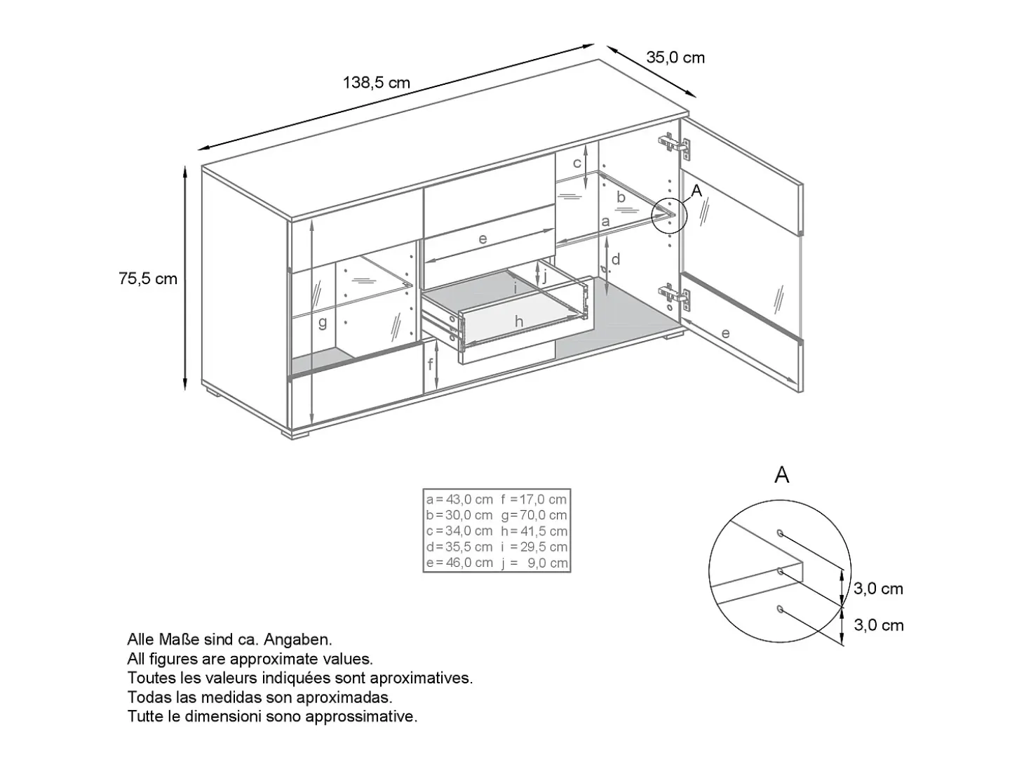Aparador Bari V1 – Mueble con 2 Puertas Grandes y 4 Cajones, antracita mate/crema de alto brillo (138,5 x 75,5 x 35)