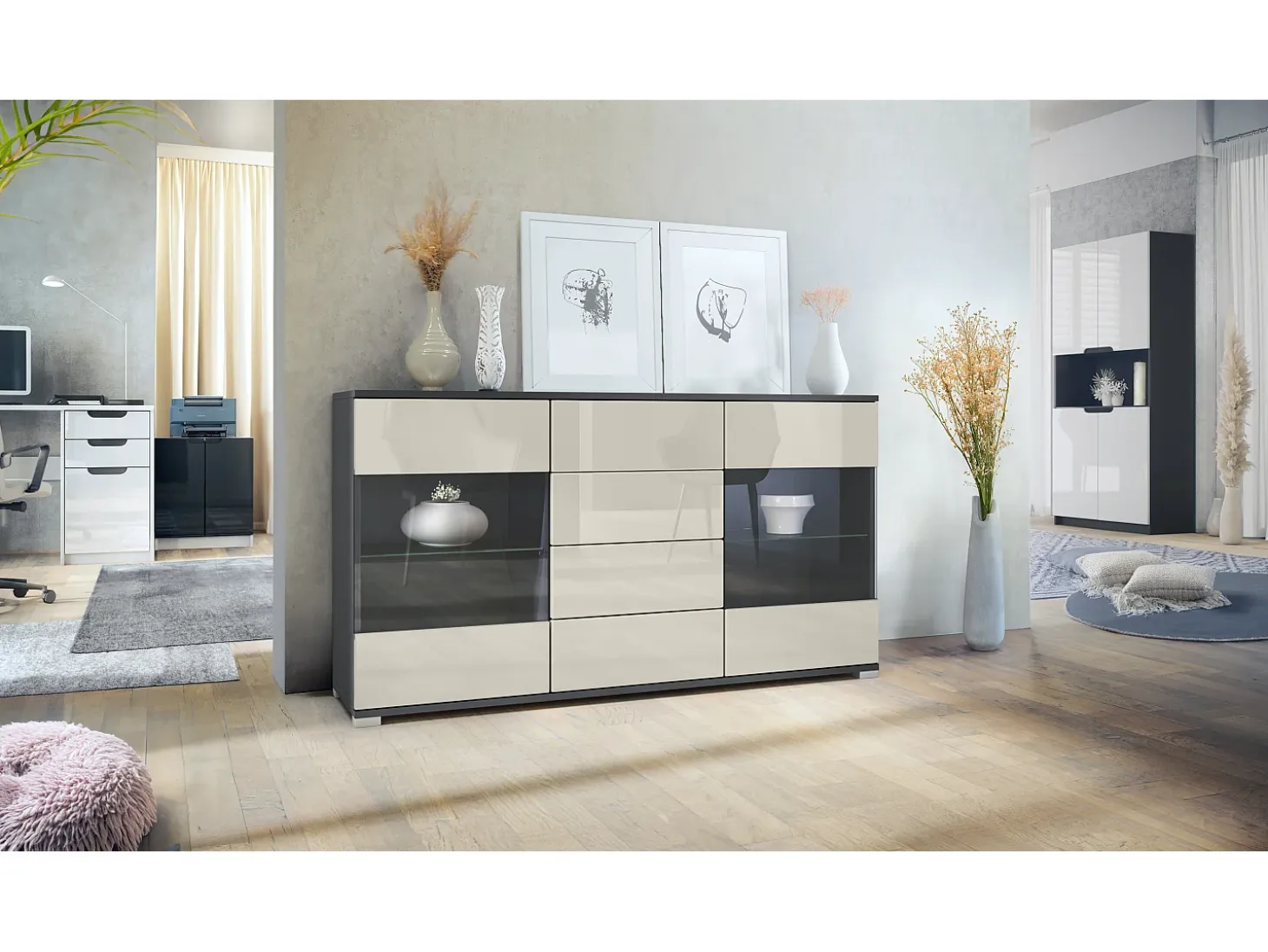 Aparador Bari V1 – Mueble con 2 Puertas Grandes y 4 Cajones, antracita mate/crema de alto brillo (138,5 x 75,5 x 35)