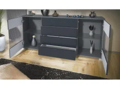 Aparador Bari V2 – Mueble con 2 Puertas Grandes y 4 Cajones, antracita mate/crema de alto brillo (166,5 x 75,5 x 35)