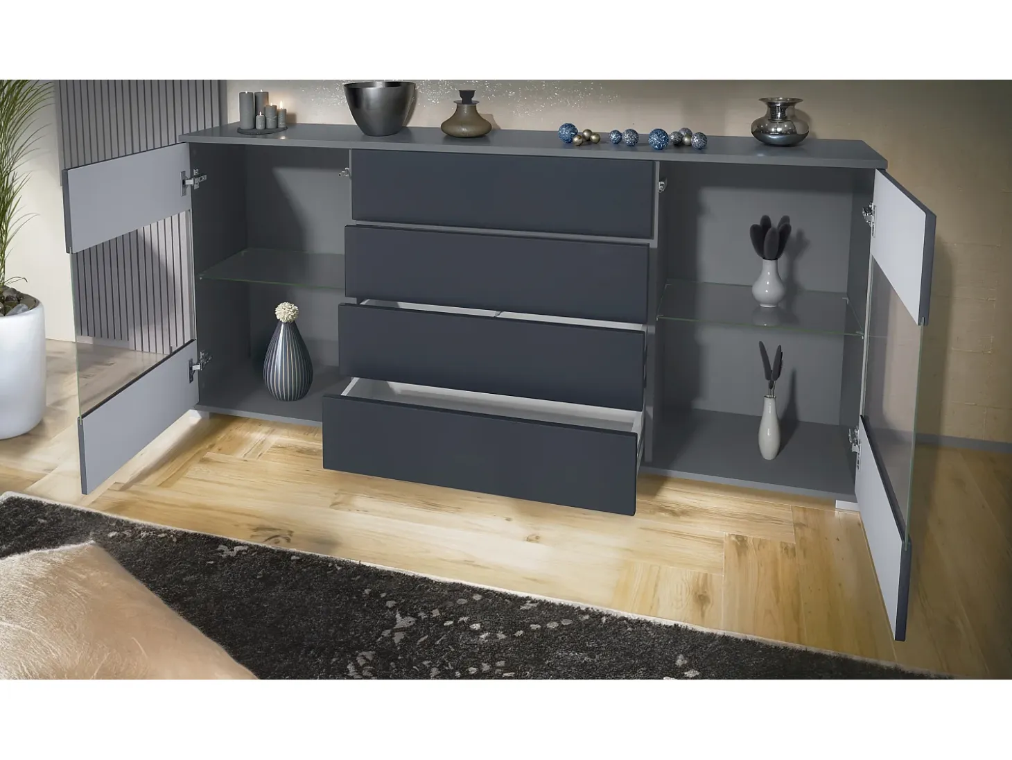 Aparador Bari V2 – Mueble con 2 Puertas Grandes y 4 Cajones, antracita mate/blanco de alto brillo (166,5 x 75,5 x 35)
