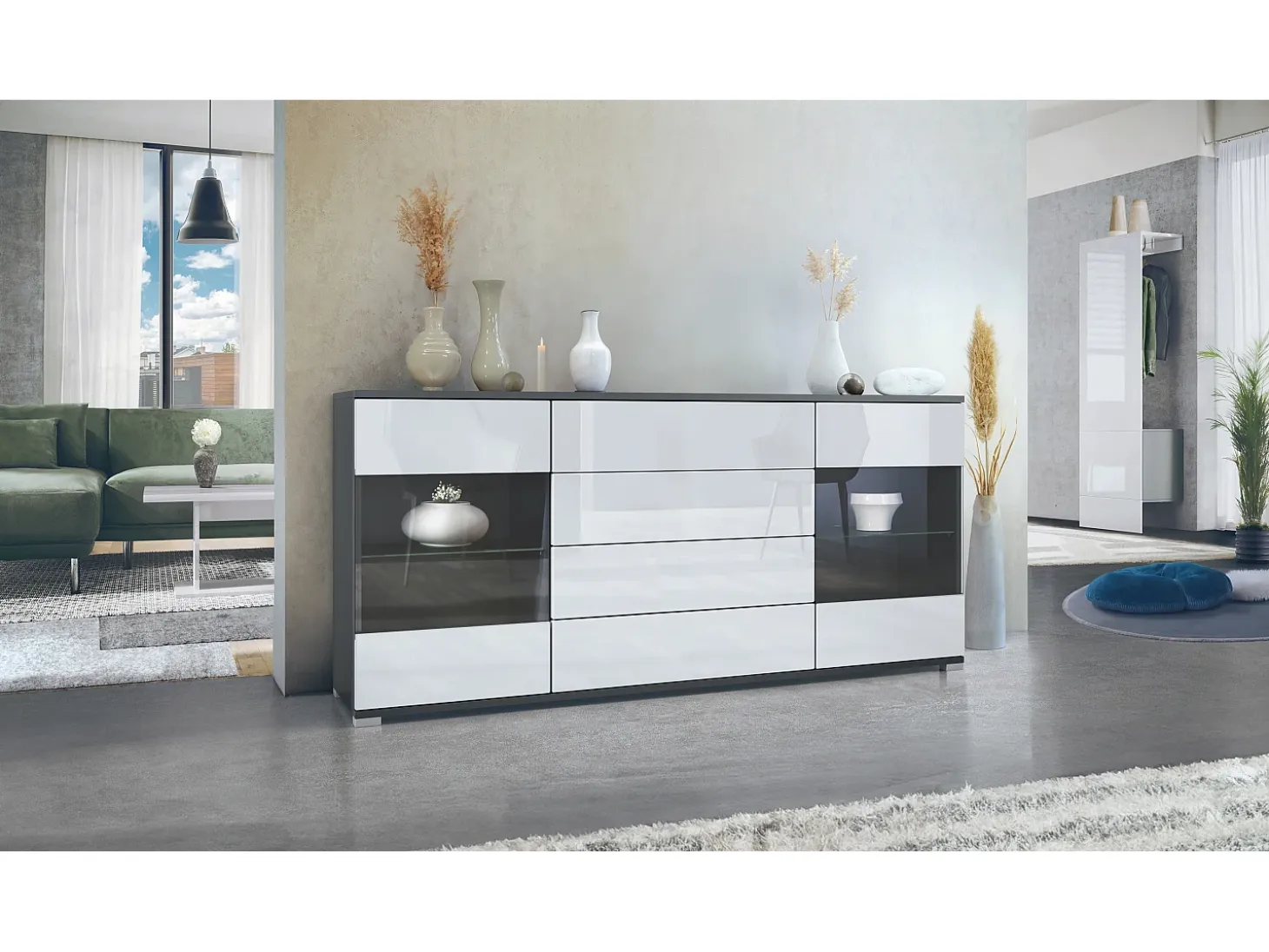 Aparador Bari V2 – Mueble con 2 Puertas Grandes y 4 Cajones, antracita mate/blanco de alto brillo (166,5 x 75,5 x 35)