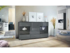 Aparador Bari V1 – Mueble con 2 Puertas Grandes y 4 Cajones, antracita mate/gris de alto brillo (138,5 x 75,5 x 35)