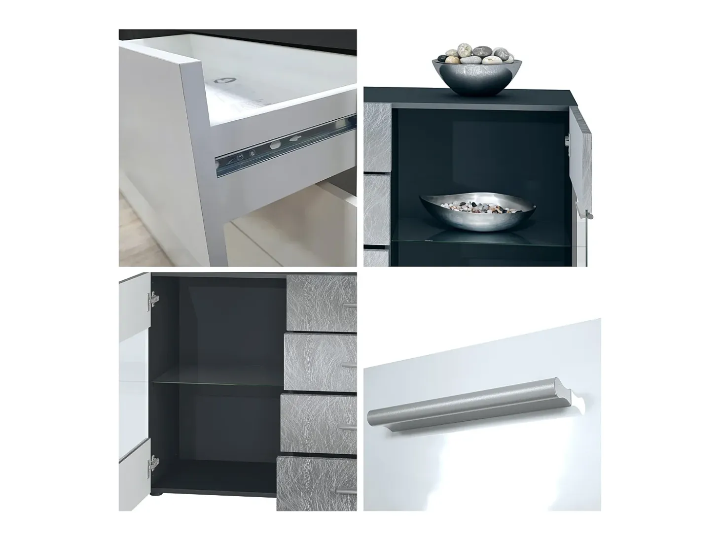 Aparador Bari V1 – Mueble con 2 Puertas Grandes y 4 Cajones, antracita mate/gris de alto brillo (138,5 x 75,5 x 35)