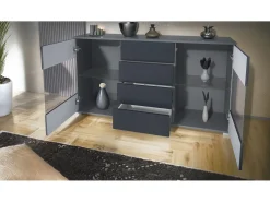 Aparador Bari V1 – Mueble con 2 Puertas Grandes y 4 Cajones, antracita mate/gris de alto brillo (138,5 x 75,5 x 35)