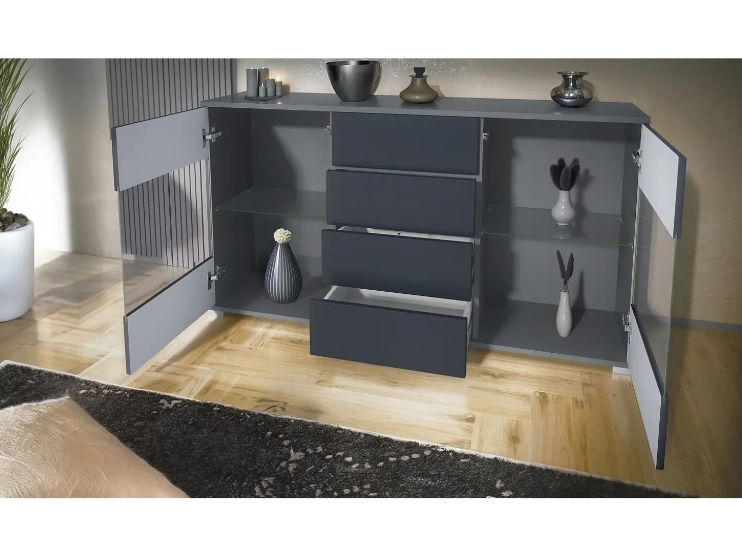 Aparador Bari V1 – Mueble con 2 Puertas Grandes y 4 Cajones, antracita mate/gris de alto brillo (138,5 x 75,5 x 35)