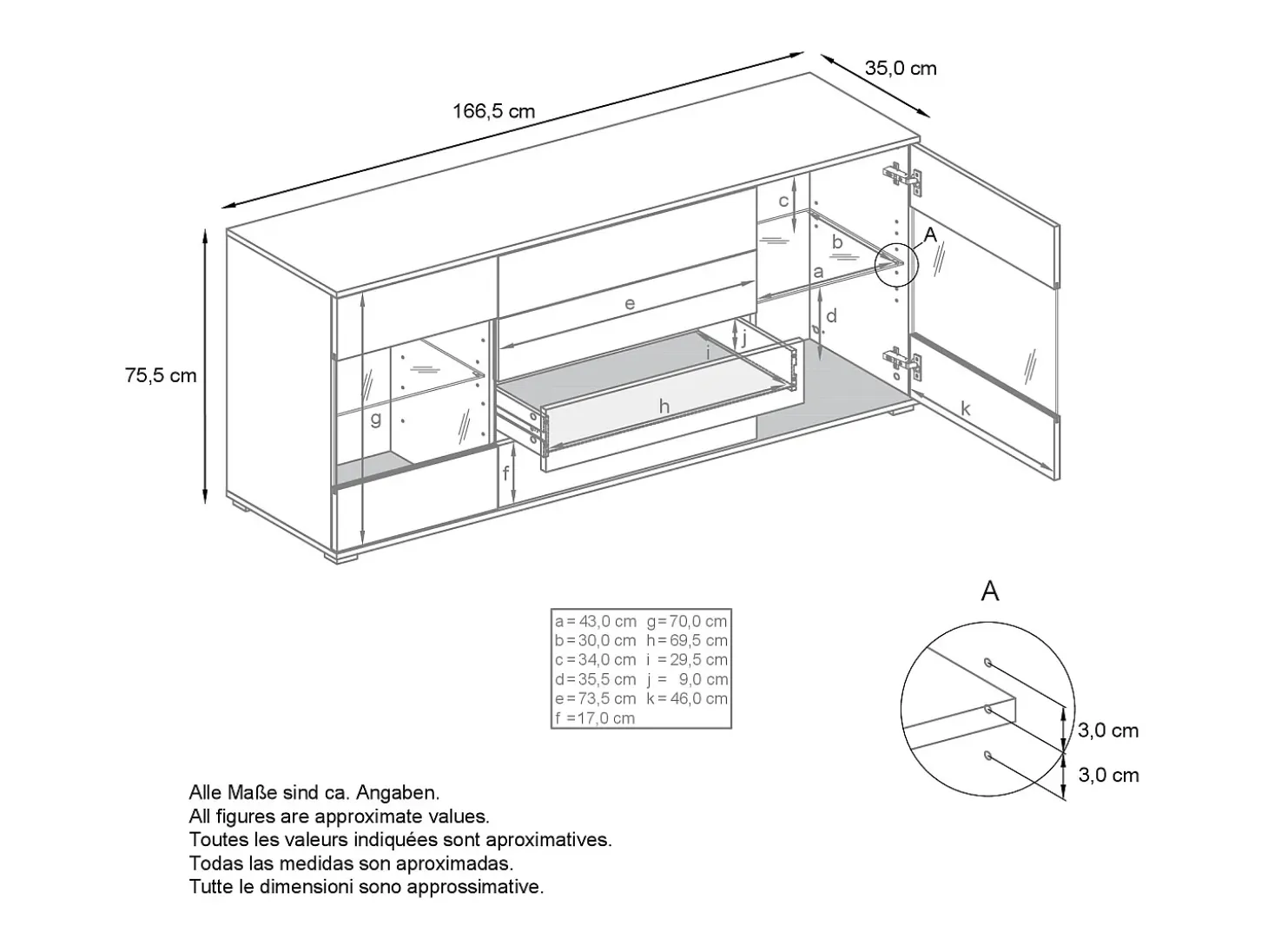 Aparador Bari V2 – Mueble con 2 Puertas Grandes y 4 Cajones, antracita mate/gris arena de alto brillo (166,5 x 75,5 x 35)