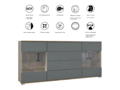 Aparador Bari V2 – Mueble con 2 Puertas Grandes y 4 Cajones, Roble Evoke/blanco de alto brillo (166,5 x 75,5 x 35)