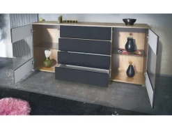 Aparador Bari V2 – Mueble con 2 Puertas Grandes y 4 Cajones, Roble Evoke/blanco de alto brillo (166,5 x 75,5 x 35)