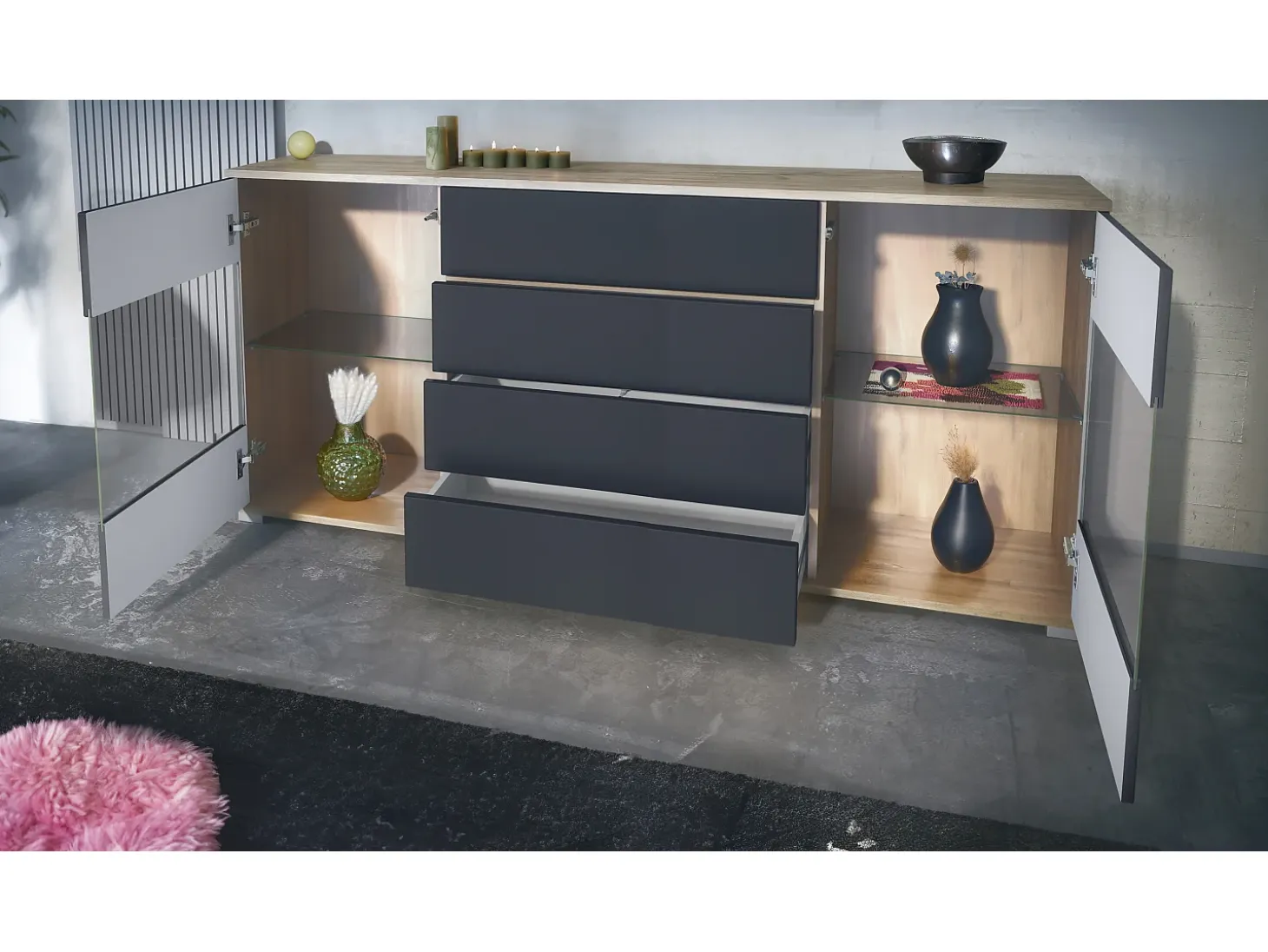 Aparador Bari V2 – Mueble con 2 Puertas Grandes y 4 Cajones, Roble Evoke/blanco de alto brillo (166,5 x 75,5 x 35)