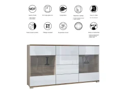Aparador Bari V1 – Mueble con 2 Puertas Grandes y 4 Cajones, Roble Evoke/grafito satinado (138,5 x 75,5 x 35)