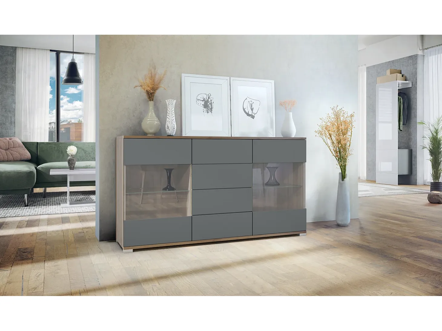 Aparador Bari V1 – Mueble con 2 Puertas Grandes y 4 Cajones, Roble Evoke/grafito satinado (138,5 x 75,5 x 35)