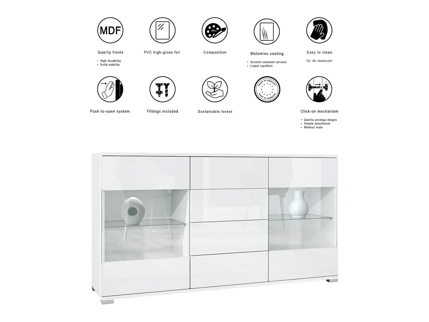 Aparador Bari V1 – Mueble con 2 Puertas Grandes y 4 Cajones, blanco mate/gris arena de alto brillo (138,5 x 75,5 x 35)