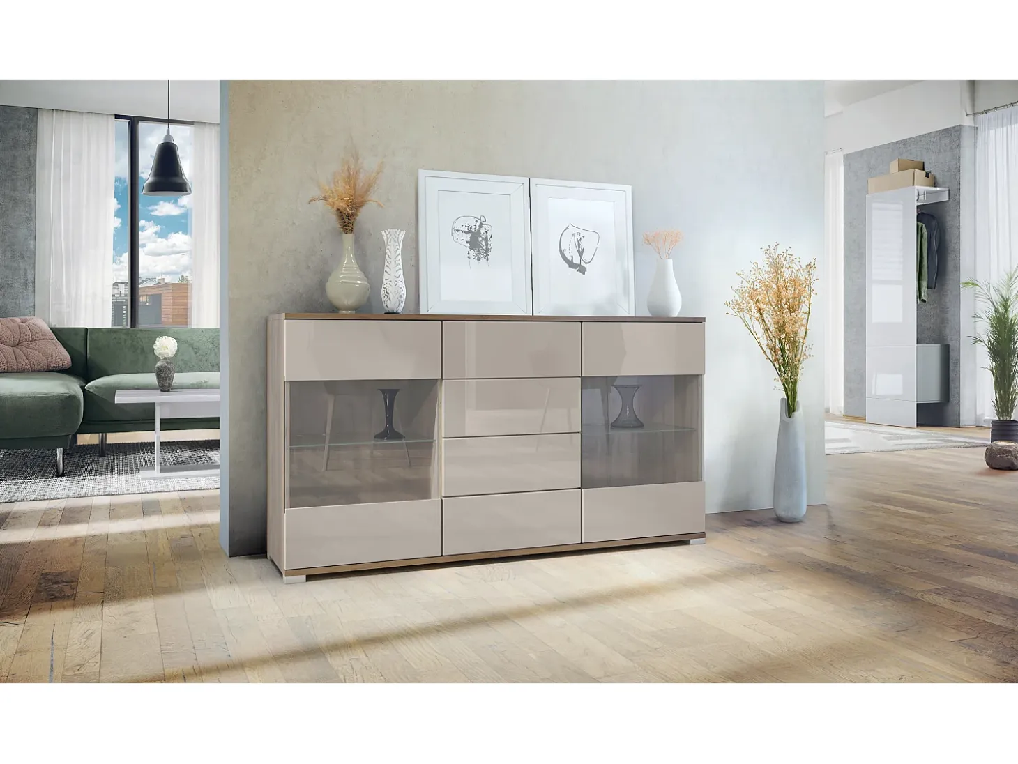 Aparador Bari V1 – Mueble con 2 Puertas Grandes y 4 Cajones, Roble Evoke/gris arena de alto brillo (138,5 x 75,5 x 35)