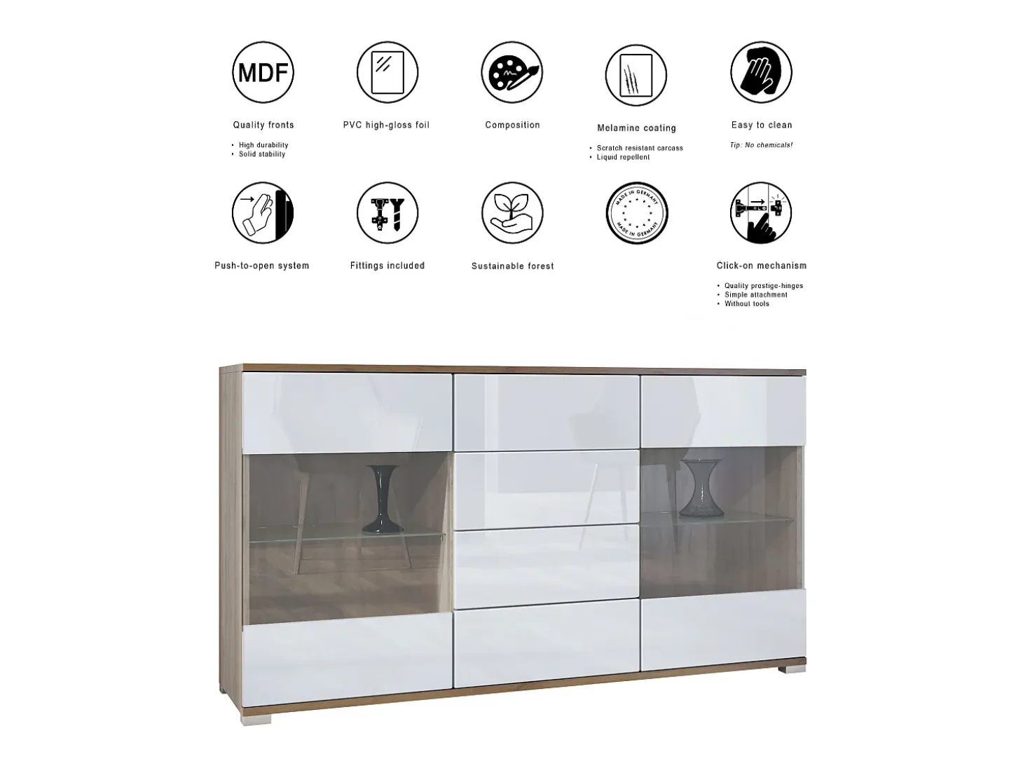 Aparador Bari V1 – Mueble con 2 Puertas Grandes y 4 Cajones, Roble Evoke/gris arena de alto brillo (138,5 x 75,5 x 35)
