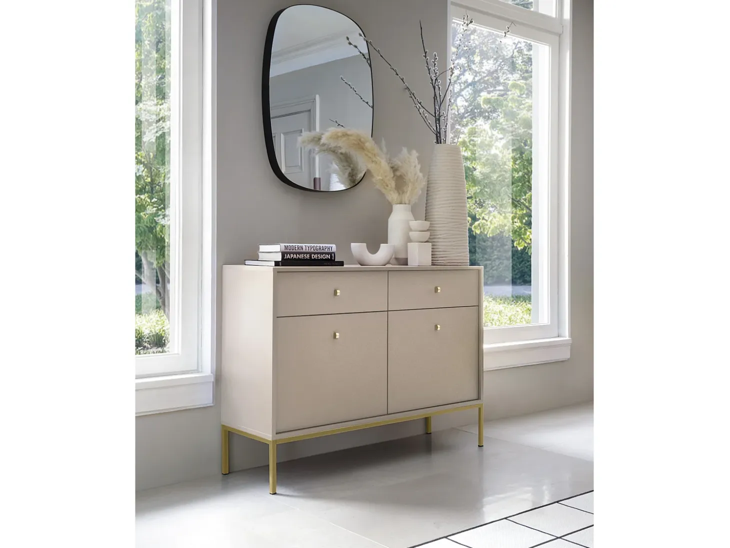 Aparador, beige arena, 103,5 x 83 x 39 cm, patas doradas