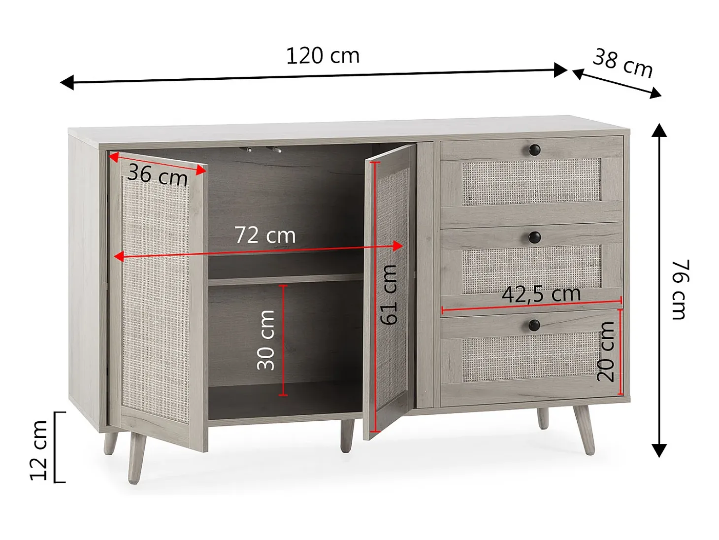 Aparador Bella 3 cajones y 2 puertas color roble, 120 cm